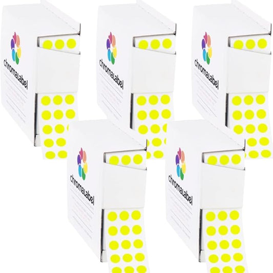 ChromaLabel 1/4 Inch Round Colored Stickers, High Visibility Color Coding Labels, Dot Stickers with Dispenser Box - 1000 Sticky Dots, Fluorescent Yellow Sticker Labels - Case of 5