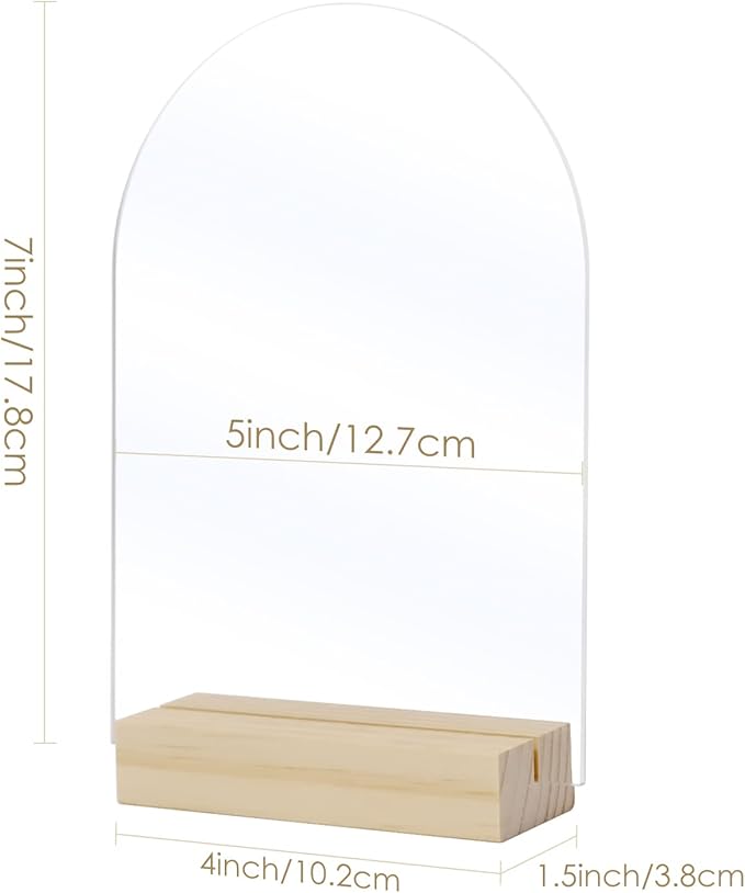 Clear Arch Acrylic Sign with Wood Stand-10 Pack 5x7 Inch Blank Arched Acrylic Sheets with 4 Inch Wood Base, DIY Clear Arch Sign Blank for Wedding Table Numbers