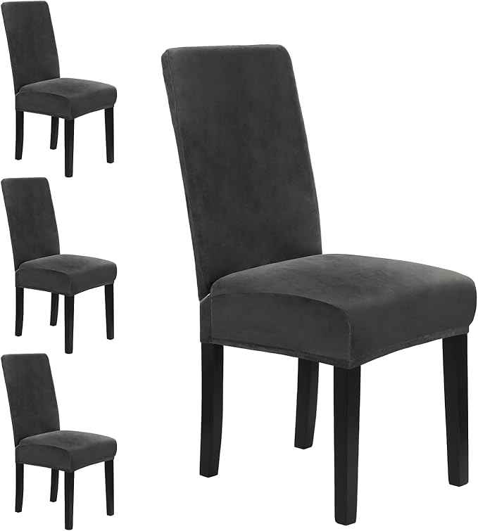 MOSAYT Velvet Stretch Chair Covers for Dining Room Set of 4 - Soft Slipcovers with Thick Removable Fabric for Parsons Chairs, Washable Seat Protectors for Kitchen, Banquet & Home Decor, Dark Grey
