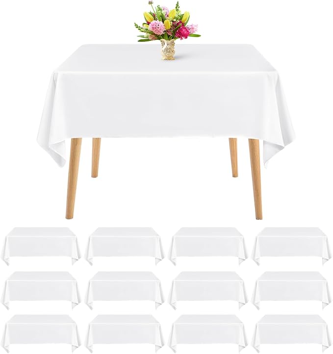 Teruntrue 12 Packs Square Tablecloth 52 x 52 Inch White Square Table Cloth, Washable Polyester Fabric, for Wedding Parties Banquet Holiday Dinner Table Decorative, White
