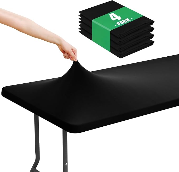 Moosfor Spandex Rectangle Table Cloth 4 Pack, Elastic Fitted Tablecloths for Picnic, Stretch Washable Patio Table Cover for Outdoor, Camping, Banquet and Parties (Black, 24"x48")
