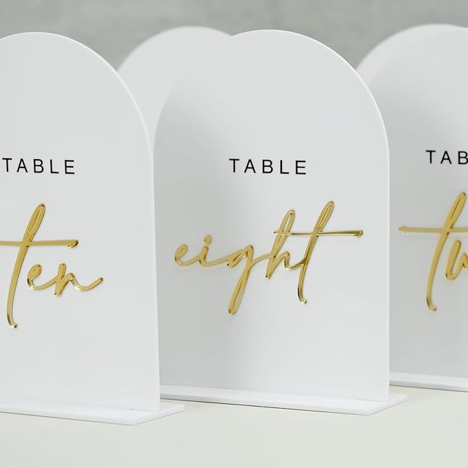 White Arched Wedding Table Numbers 1-20 with Stands, 5x7 Inch White Acrylic Arch Sign with Gold Numbers, Arch Acrylic Table Numbers for Wedding Reception