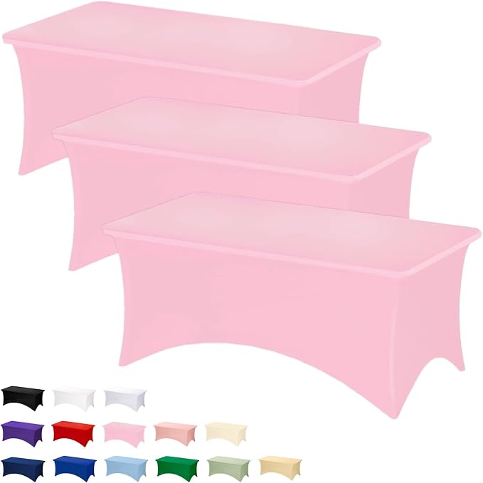 Fixwal 3 Pack Pink Tablecloth Rectangle 6Ft, Stretch Spandex Fitted Table Cover for Party, Trade Show, Wedding, Buffet, Graduation, Vendor Stand