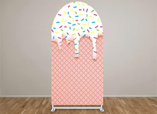 Sweet Candy Arch Backdrop Cover for Girl Donut Themed Birthday Party Decorations Chiara Backdrops Arched Wall Covers Stands Display Props Flowing Glaze Ice Cream Waffle Cone Banner GX74 4ft * 7ft