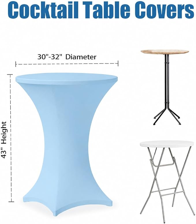 Cocktail Table Covers - 2 Pack 32x43 Inch Table Cloth - Light Blue Fitted Stretch Spandex Round High Top Tablecloth for Party, Bar, Birthday, Pub, Banquet