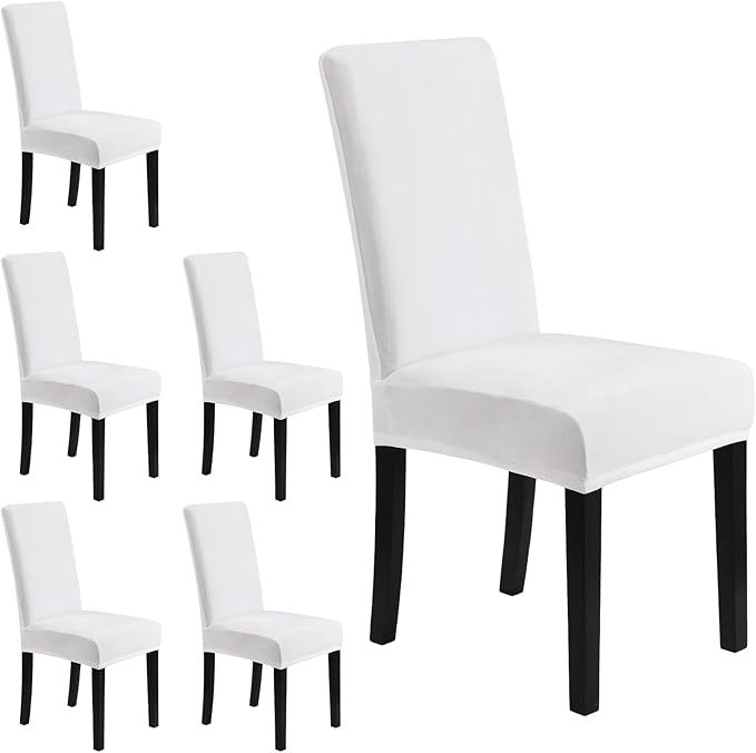 MOSAYT Velvet Stretch Chair Covers for Dining Room Set of 6 - Soft Slipcovers with Thick Removable Fabric for Parsons Chairs, Washable Seat Protectors for Kitchen, Banquet & Home Decor, White