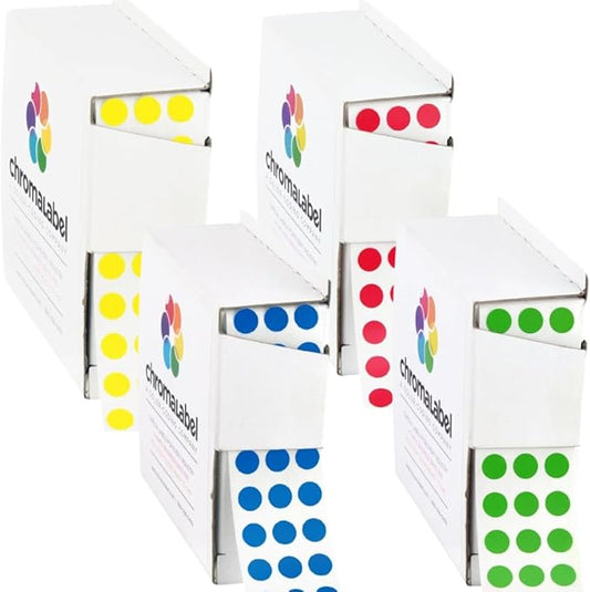 ChromaLabel 1/4 Inch Circle Sticker Labels, Easy to Write on Stickers with Handy Dispenser, Round Color Coding Labels - 1000 Sticky Dots per Dispenser Box, Yellow, Red, Dark Blue, and Green Color
