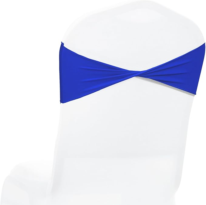 MDS Pack of 100 Spandex Chair Sashes Bows Elastic Stretch Dining Chair Bands Ties Without Slider Buckle Universal fits for Wedding Baby Shower Birthday Party Banquet Event Decoration - Royal Blue