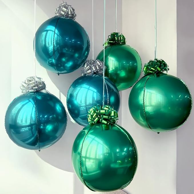 6 Pack Teal Blue & Grass Green 4D Metallic Orb Ornament Balloons with 12 Pull Gift Ribbon Bows – Ceiling Hanging Balloon Set for Jungle Party, Safari Birthday, Summer Party & Tropical Decorations