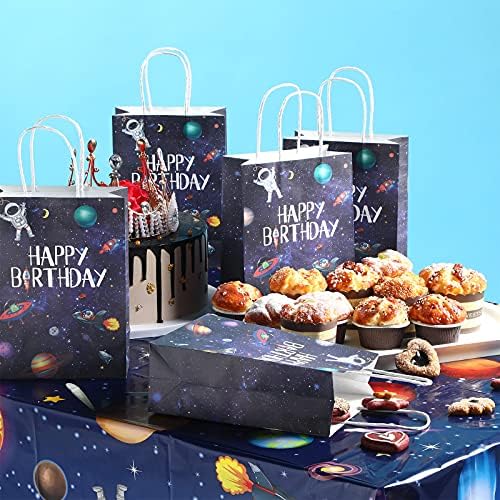 Outus 16 Pack Outer Birthday Space Party Favors Space Goody Bags with Handles Galaxy Gift Bags Kraft Paper Planet Goodie Treat Astronaut Present for Boys Girls Theme Party