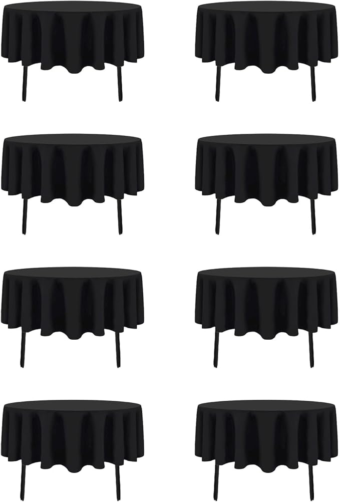 8 Pack Black Round Tablecloths 60 Inch Black Table Cloth (Fits 20-48 Inch Tables) Stain and Wrinkle Resistant Reusable and Washable Polyester Fabric for Buffet Wedding Party and Banquet