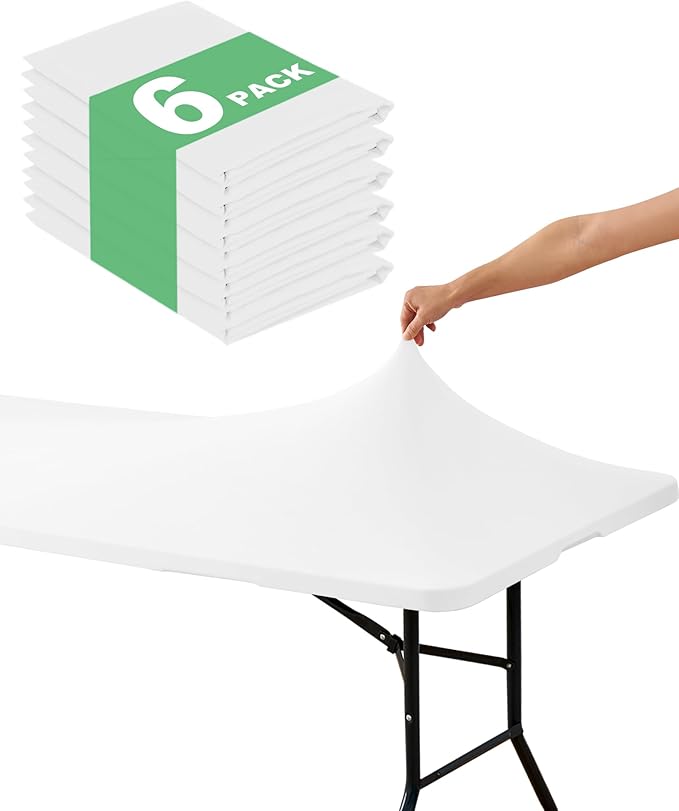 KeyWave Fitted Tablecloth Rectangle Table Cloths - 6 Pack 4 Foot Elastic Stretch Folding Table Top Cover Water-Resistant Reusable for Outdoor Picnic Camping Party Event, White, 48" L x 30" W