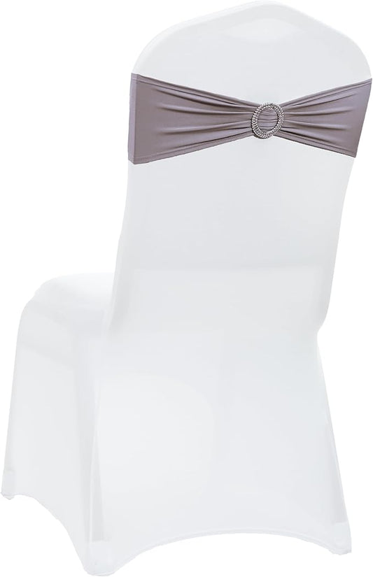 VDS - Silver Grey | Spandex Chair Sashes Bows | 100 PCS | Stretch Elastic Banquet Universal Folding Chair Band Tie with Silver Buckle Slider for Wedding Party Conference Celebration Event Decoration