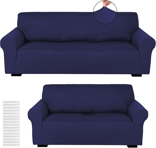 Peryiter 2 Pcs Sofa Covers Couch and Loveseat Covers Set Stretch Sofa Slipcover for Living Room Armchair Furniture Protector, Wrinkle Proof(Navy Blue,Milk Silk)