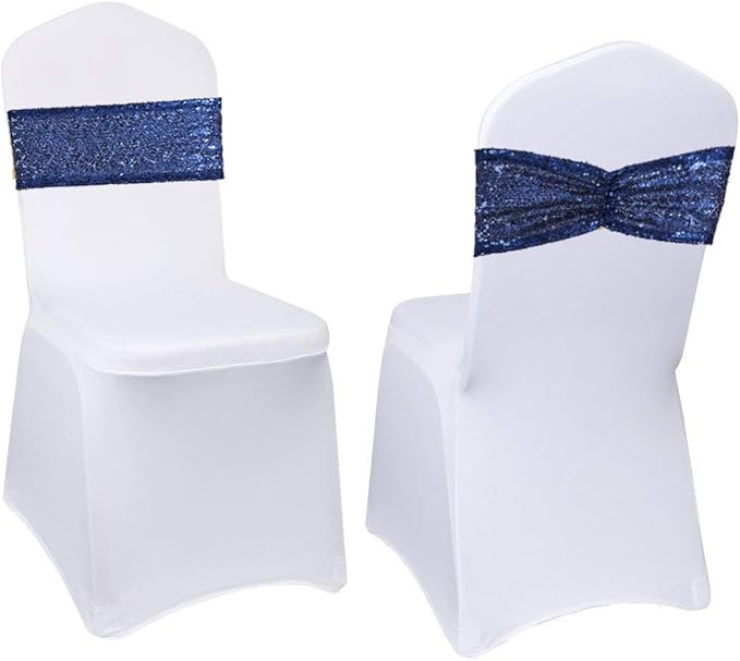 Eternal Beauty Pack of 50 Navy Blue Chair Sashes Band Bows Sequin Chair Sashes for Wedding Cover Decorations