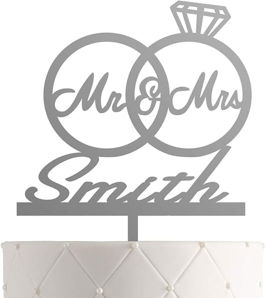 Personalized Mr. & Mrs. Wedding Cake Topper – Custom Bride & Groom Cake Decoration – Elegant Wedding Décor, Anniversary, Engagement Party (Design 1 (IND107), Silver Mirror)
