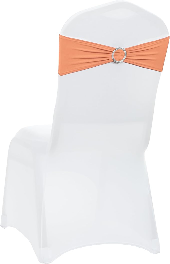 VDS - Peach | Spandex Chair Sashes Bows | 150 PCS | Stretch Elastic Banquet Universal Folding Chair Band Tie with Silver Buckle Slider for Wedding Party Conference Celebration Event Decoration