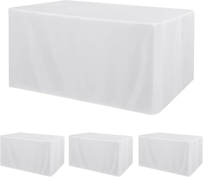 Obstal 4 Pack White Tablecloth Fitted Table Clothes for 6 Foot Rectangle Tables - Water Resistant Washable Fabric Polyester Rectangle Table Cover for Outdoor/Indoor Uses?72L x 30W x 30H Inches, White?