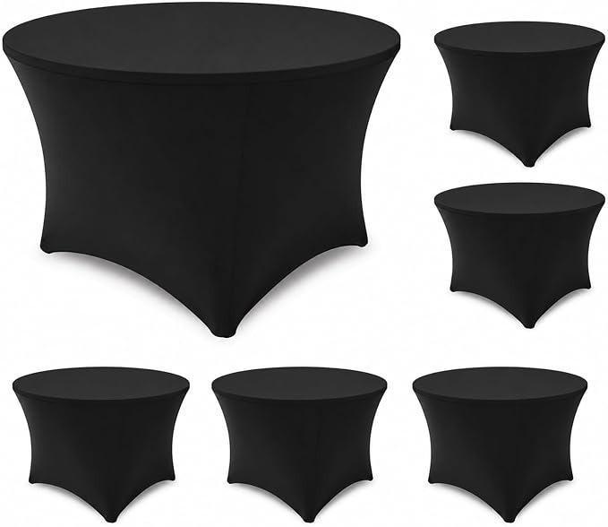 Round Table Covers - 6 Pack 48x30 Inch Table Cloth - Black Fitted Stretch Spandex Round Tablecloth for Party, Vendor, Birthday, Booth, Banquet