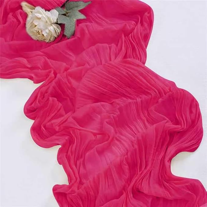 8 Pack Hot Pink 10 Ft Cheesecloth Table Runner 35x120 Inch Boho Wrinkled Sheer Romantic Gauze Decor for Wedding, Bridal Shower, Birthday Party