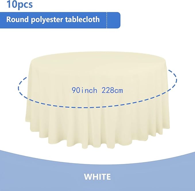 10 Pack Ivory Round Table Cloths, 90 inch Polyester Fabric, Wrinkle Resistant, Machine Washable, Perfect for Weddings, Parties, Everyday Use