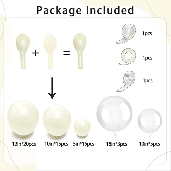 Pearl Ivory White Balloon Arch Double Stuffed Pastel White Ivory Cream Beige Balloon Garland Kit Different Sizes With Clear Balloons for Birthday Wedding Bridal Baby Shower Mothers Day Party Decor