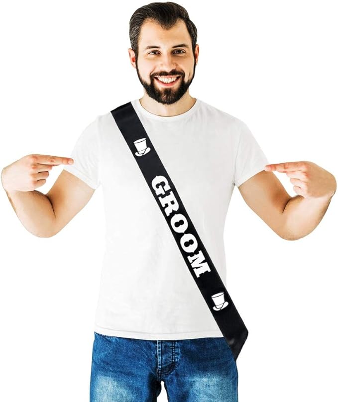 Groom Wedding Party Sash Bundle, Groom (x1), Best Man (x1), Groomsman (x3) Bachelor Bridal Shower Supplies Decorations Favors Gifts Black Sashes White Letters Kit Accessories Decor - Set of 5