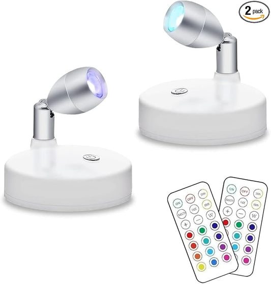 KINDEEP RGB Wireless LED Spotlight, Battery Operated Accent Lights, Indoor Mini Puck Light, Dimmable Uplight with Remote, 4000K Warm White, Stick on Wall Light with Rotatable Head, White, 2 Pack