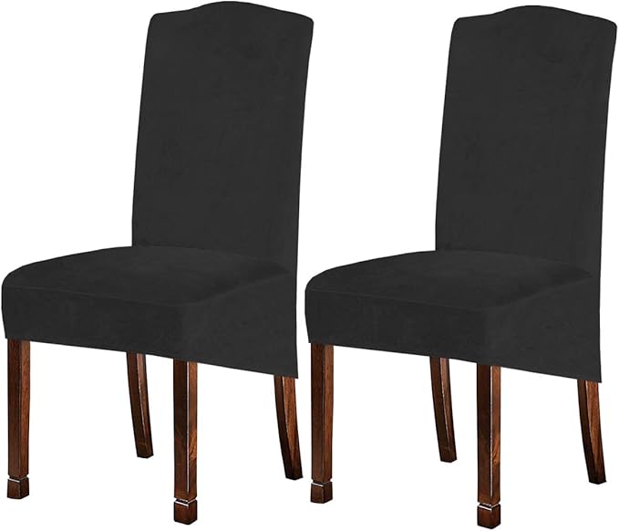 Velvet Plush XL Dining Chair Covers, Stretch Chair Slipcover, Spandex High Chairs Protector Covers Seat Slipcover with Elastic Band for Dining Room,Wedding, Ceremony, Banquet (Dark Grey, Set of 2)