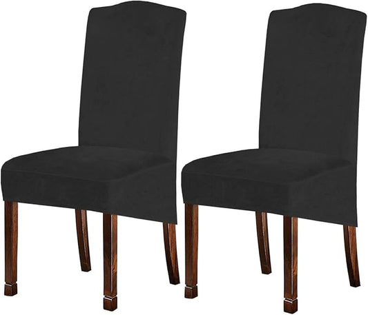 Velvet Plush XL Dining Chair Covers, Stretch Chair Slipcover, Spandex High Chairs Protector Covers Seat Slipcover with Elastic Band for Dining Room,Wedding, Ceremony, Banquet (Dark Grey, Set of 2)