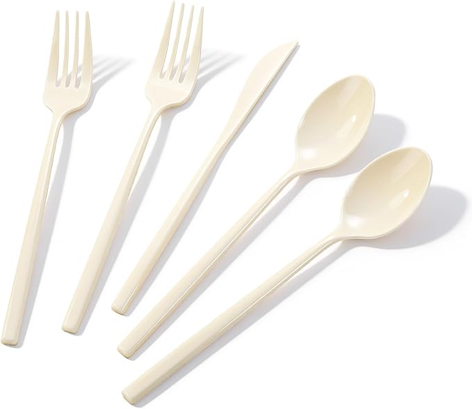 Tinybee 150PCS Ivory Plastic Silverware - Heavy Duty Disposable Silverware, Luxury Ivory Plastic Utensils - Elegant Disposable Utensil Include 50 Knives, 50 Forks, 50 Spoons Perfect for Party&Wedding