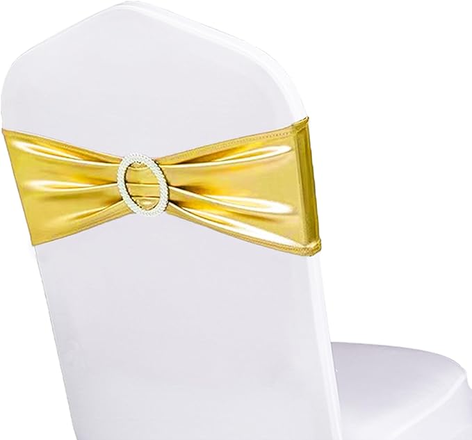 Spanedx Gold Chair Sashes 50 Pack for Wedding Party Elastic Chair Bands Bows Decorations, Without White Chair Covers (Metallic Gold)