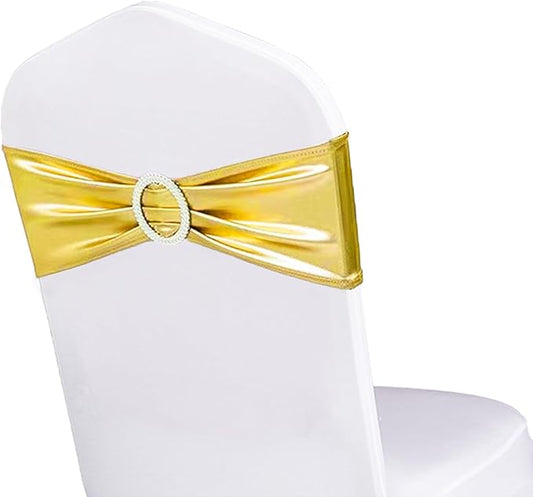 Spanedx Gold Chair Sashes 50 Pack for Wedding Party Elastic Chair Bands Bows Decorations, Without White Chair Covers (Metallic Gold)