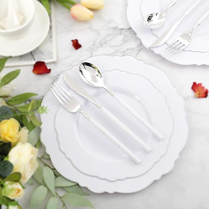 WDF 60pcs Silver Plastic Plates-Baroque White &Silver Plates for Upscale Parties &Wedding-including 30Plastic Dinner Plate 10.25inch, 30 Salad Plate 7.5inch for Baby Shower Wedding Spring