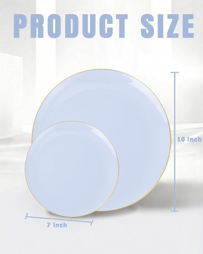 bUCLA 100PCS Light Blue Plastic Plates - Blue Disposable with Gold Rim - Include 50 Each (10 inch Dinner & 7 inch Dessert) Plates, Ideal for Party, Birthday & Spring