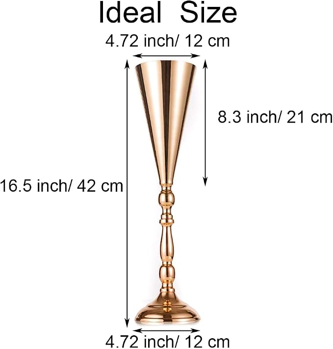 Gold Vase Centerpiece Table Decorations - 10 Pcs Metal Tabletop Flower Stand, Wedding Decorations for Reception, 16.5in Trumpet Tall Flower Vase for Birthday, Weddings, Anniversary, Home Decor