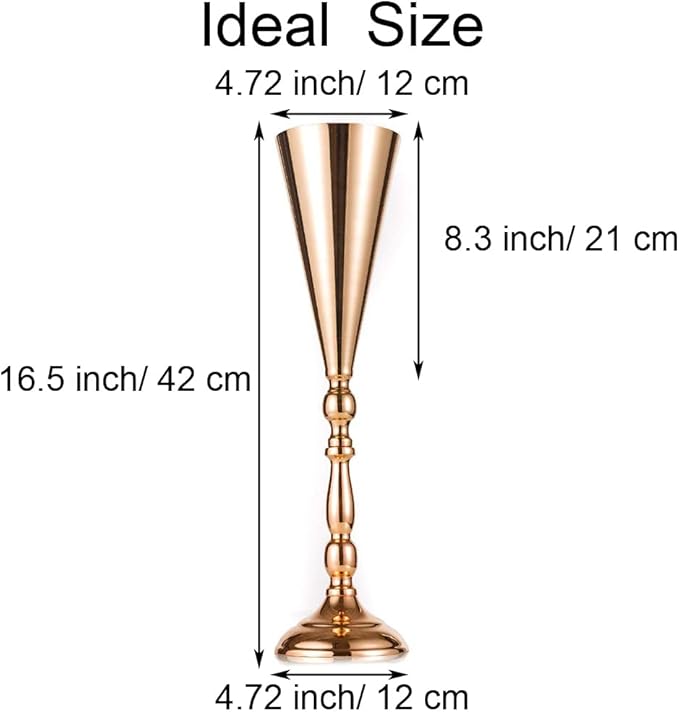 Gold Vase Centerpiece Table Decorations - 2 Pcs Metal Tabletop Flower Stand, Wedding Decorations for Reception, 16.5in Trumpet Tall Flower Vase for Birthday, Weddings, Anniversary Ceremony, Home Decor