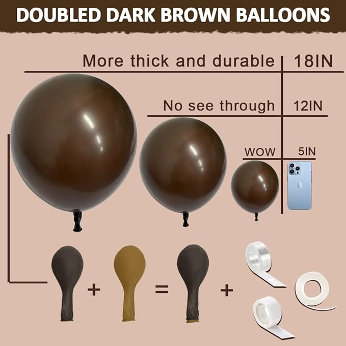 Dark Brown Balloons Double Stuffed Balloon Garland Arch Kit Different Sizes 18/12/5In For Birthday Baby Shower Boho Neutral Luau Mocha Cofede Party Decorations