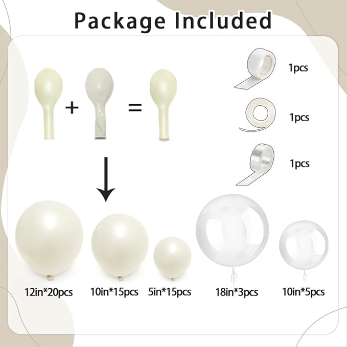 Pearl Sand White Balloon Arch Double Stuffed White Ivory Cream Beige Balloon Garland Kit Different Sizes 12/10/5in With Clear Bobo Balloons for Birthday Wedding Bridal Baby Shower Baptism Party Decor