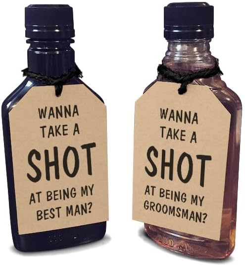 Groomsmen Proposal Hang Tags Set of 10 | 8 Will You Be My Groomsman & 2 Best Man Cards w/String | Funny Take a Shot Tags for Mini Liquor Bottles - 2.5" x 1.25"