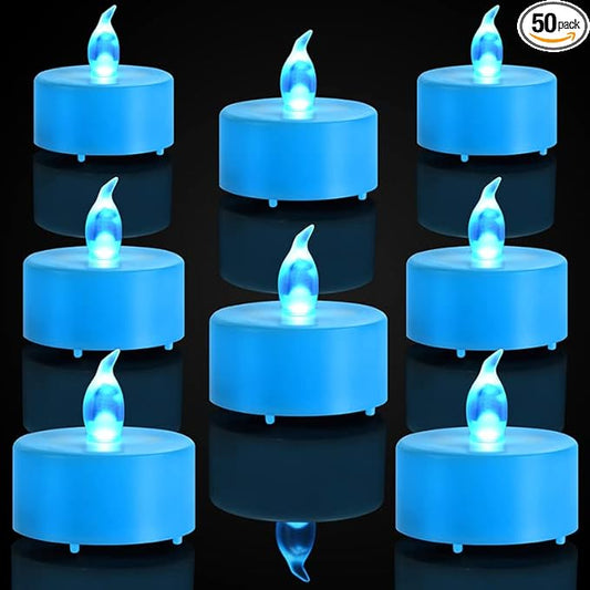 Tea Light, 50 Pack Flameless LED Tea Lights Candles Flickering red 200+ Hours Battery-Powered Tealight Candle. Ideal for Party, Wedding, Birthday, Gifts and Home Decoration (Blue)