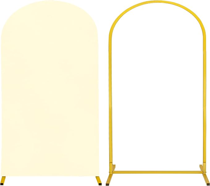 Metal Arch Stand and Cover Set,1 Ivory Spandex Fitted Backdrop with 1 Gold Wedding Arched Stand Frame for Parties Birthday Baby Shower Bridal Banquet Decoration (7.2FT)