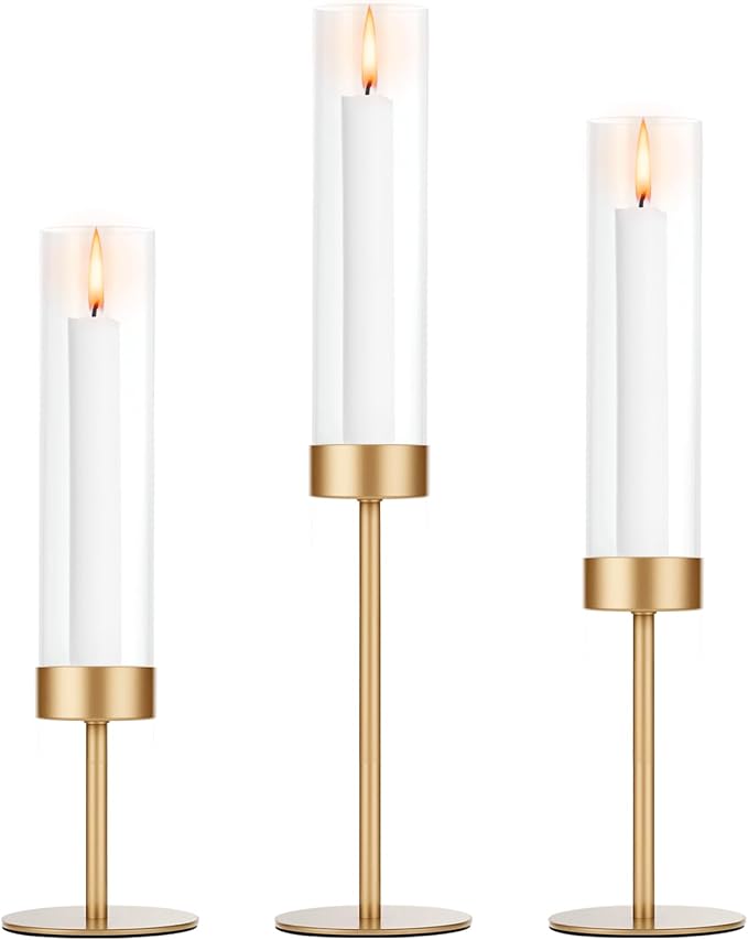 POKINE Tall Candle Holders Set of 3, Hurricane Glass Taper Candlestick Holders for Wedding, Christmas Decor, Dining Table, Party Centerpieces