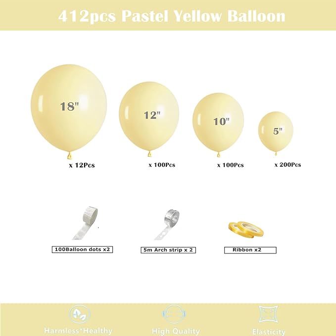 412pcs Pastel Yellow Balloon Garland Arch Kit 18 12 10 5 Inch Different Sizes Light Yellow Latex Balloons for Baby Shower Birthday Anniversary Wedding Gender Reveal Sunflower Party Decoration