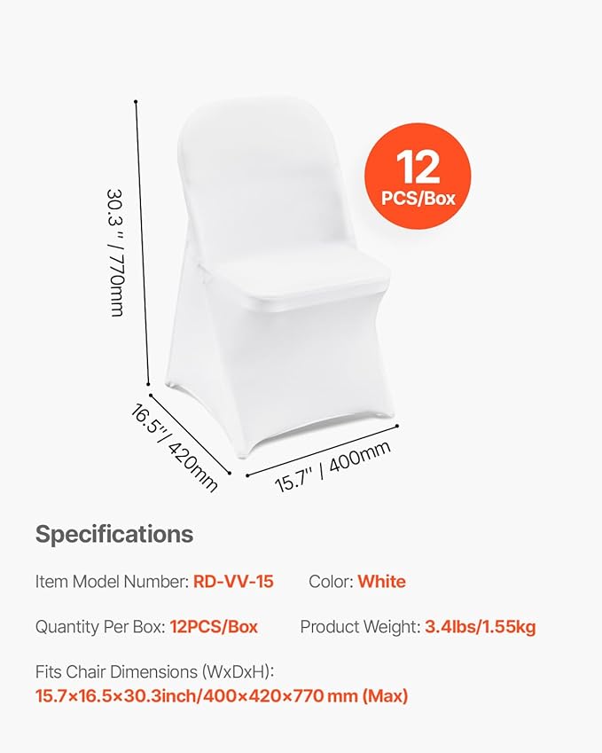 VEVOR 12 PCS White Folding Chair Covers, Kitchen Chairs Cover, Universal Washable Slipcovers Protector, Removable Chair Seat Covers, for Wedding Party Dining Room Banquet Event