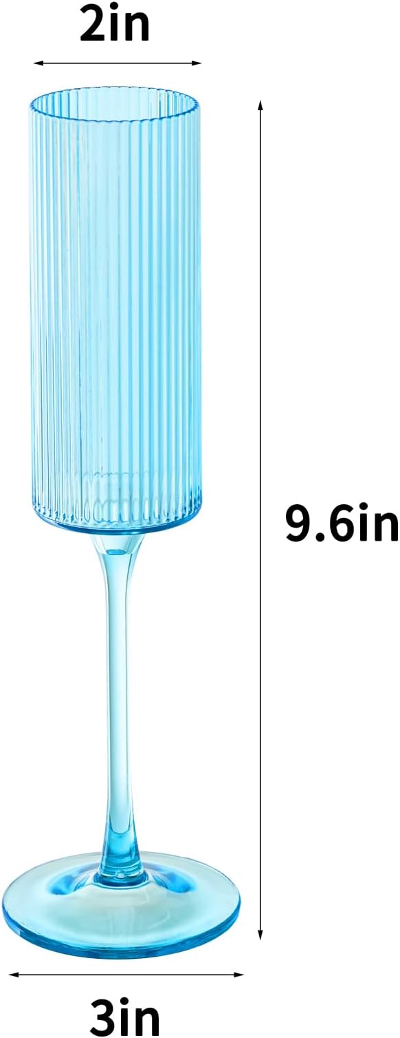 JLYLOL 12 Pcs Blue Plastic Champagne Flutes 6OZ Large Ribbed Champagne Glasses Toasting Glass Plastic Goblets for Parties Vintage Mimosa Bar Glasses Elegant Stemmed Drinking Cups for Wedding Bride