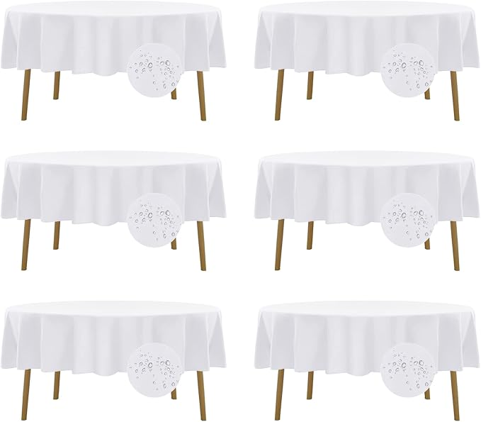 Fokitut 6 Pack Waterproof Round Tablecloth, 70 Inch, Stain Resistant and Wrinkle Polyester Table Cloth, Fabric Table Cover for Kitchen Dining, Wedding, Party, Holiday Dinner-White