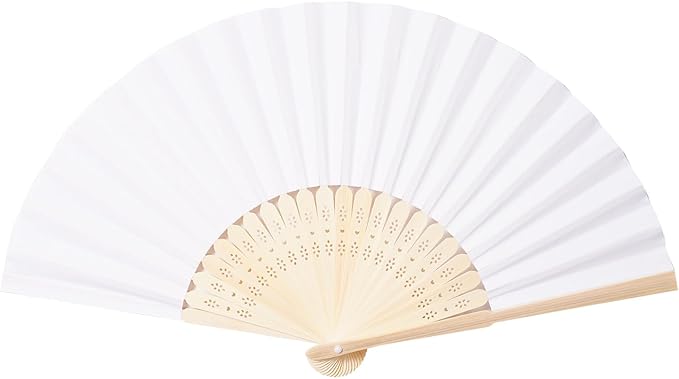 Sepwedd 50pcs White Paper Hand Fan Bamboo Folding,Handheld Paper Folded for Wedding Party and Home Decoration