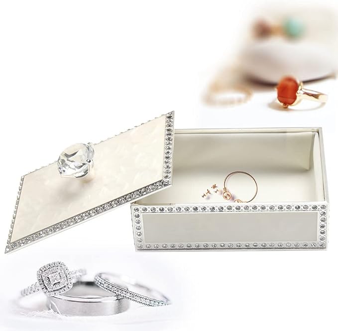 LASODY Diamond Crystal Jewelry Storage Box for Rings Earrings Necklace Treasure Chest Organizer Jewelry Keepsake Gift Box Case for Girl Women (Diamond Rectangle Silver Plating)