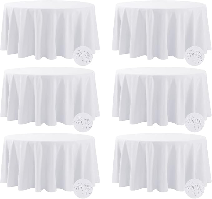 Fokitut 6 Pack Waterproof Round Tablecloth, 120 Inch, Stain Resistant and Wrinkle Polyester Table Cloth, Fabric Table Cover for Kitchen Dining, Wedding, Party, Holiday Dinner-White